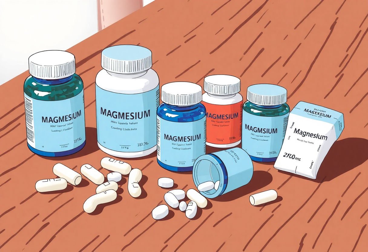 A selection of magnesium supplements on a wooden table.