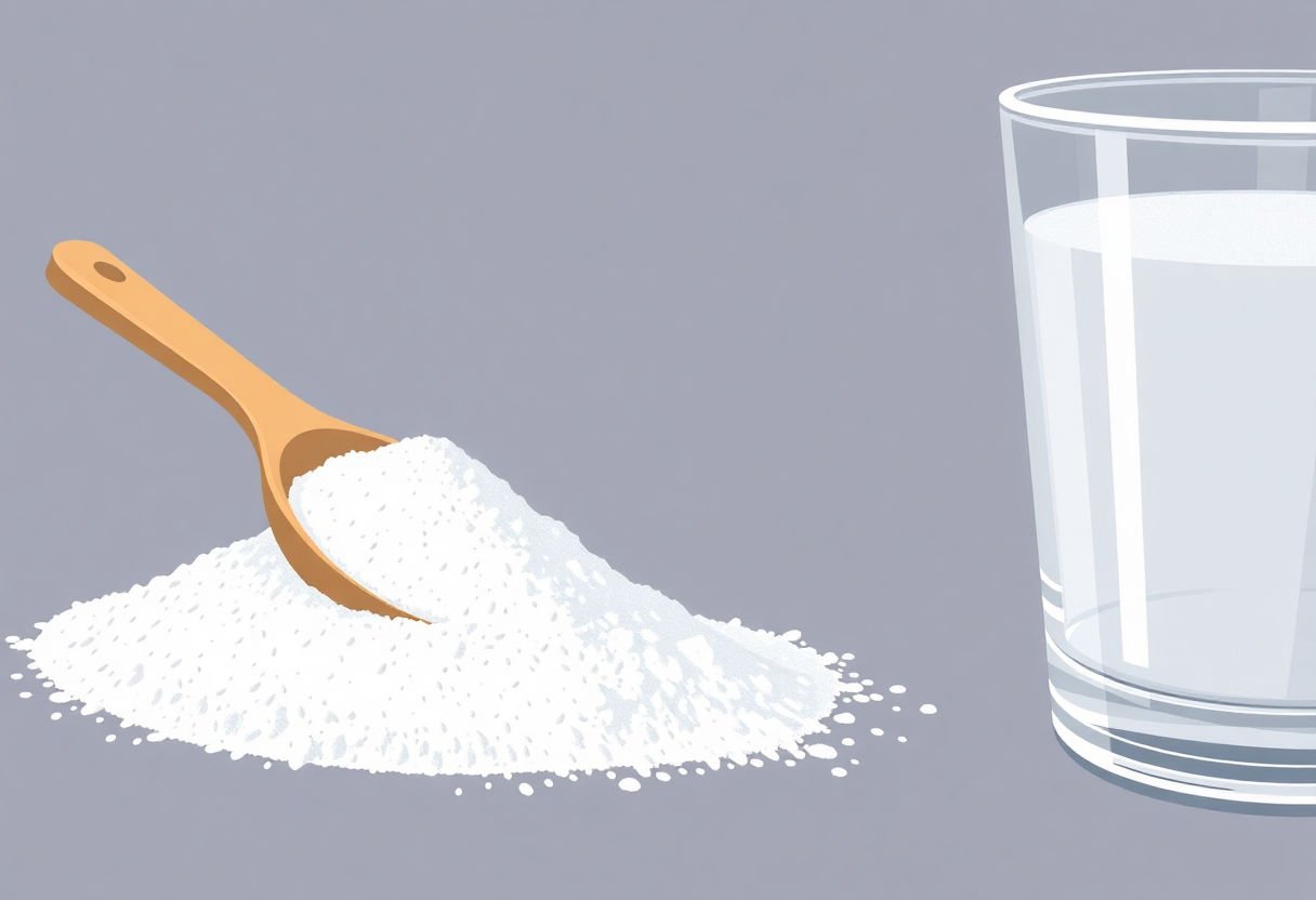 A scoop of powder magnesium next to a glass