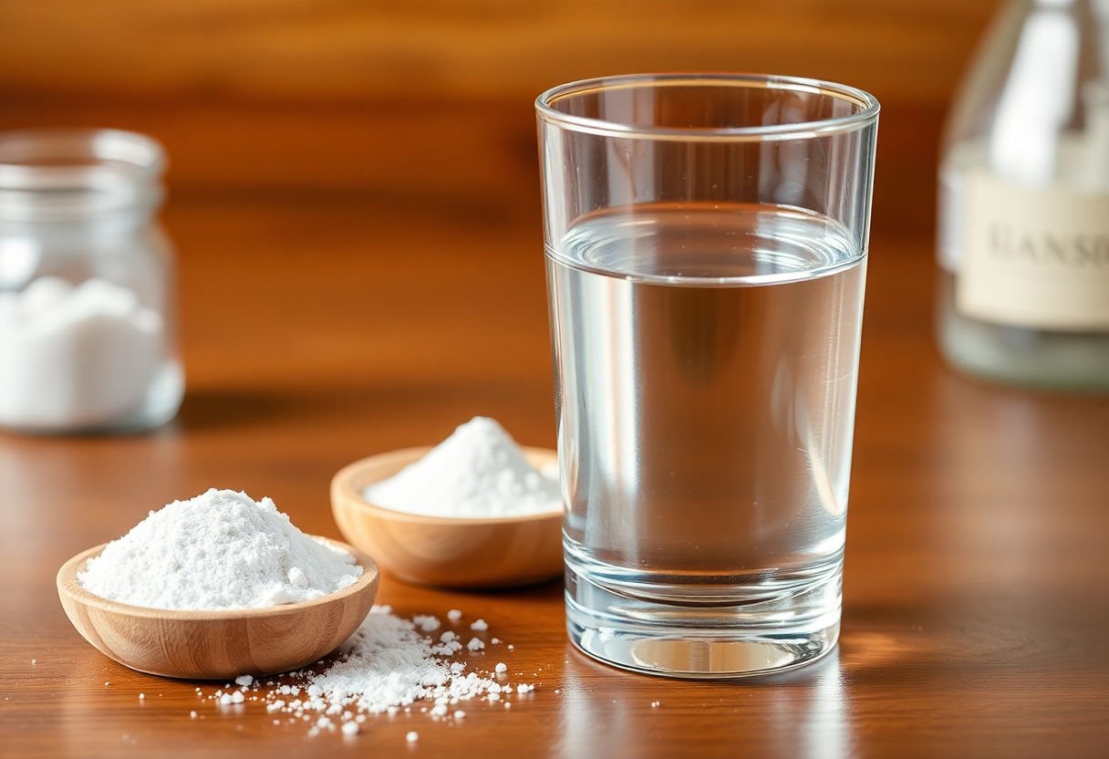 Powder magnesium supplement next to a glass of water