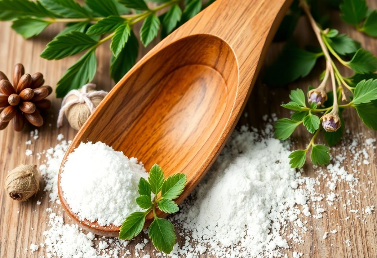 Powder magnesium in a wooden spoon with herbs