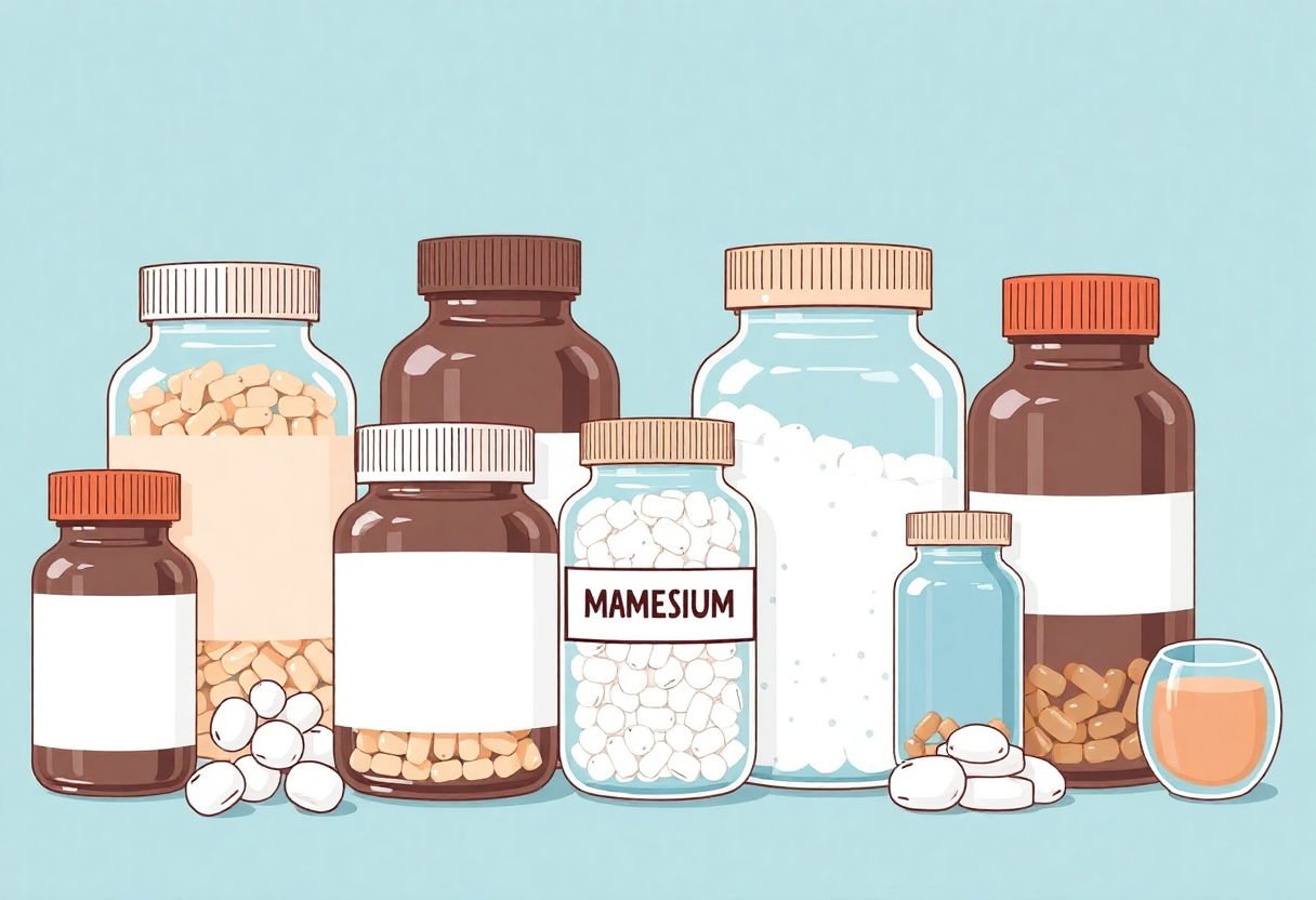 Various forms of magnesium supplements in jars.