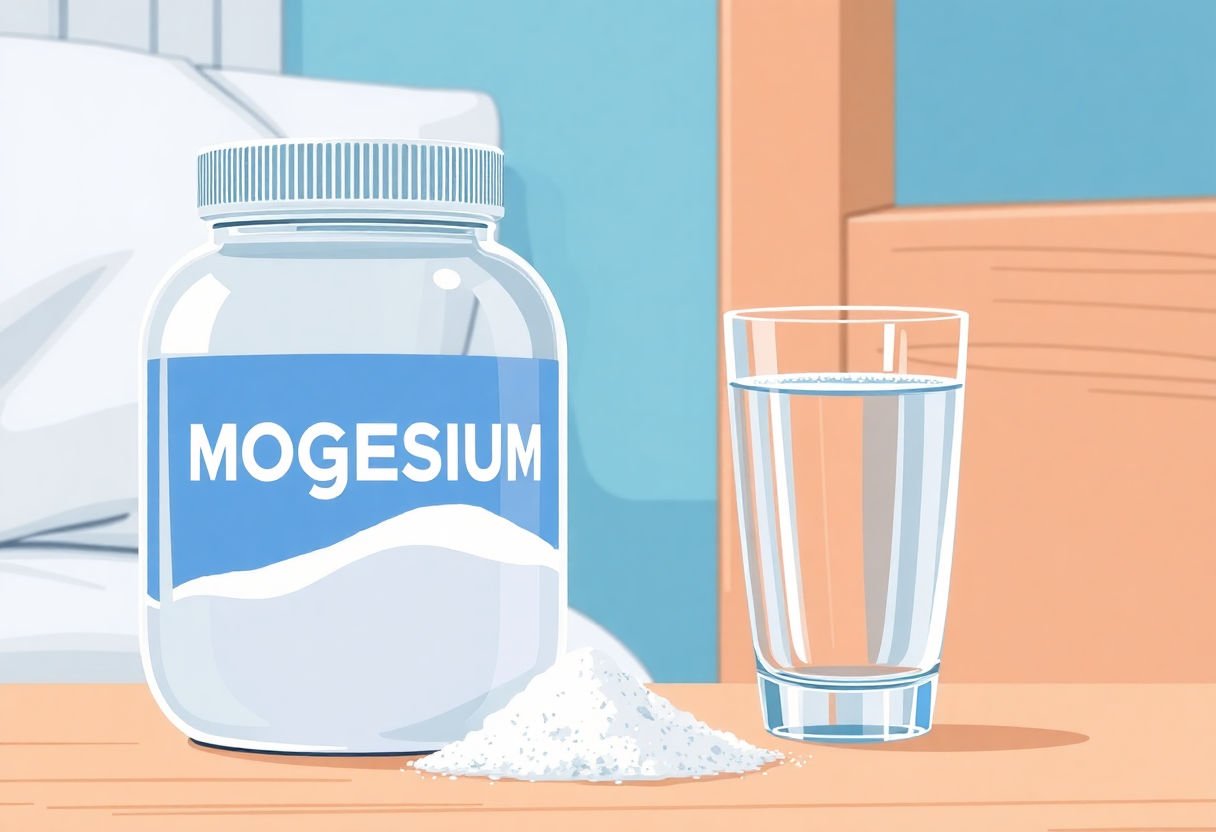 Powder magnesium supplement in a jar next to a glass of water on a bedside table.