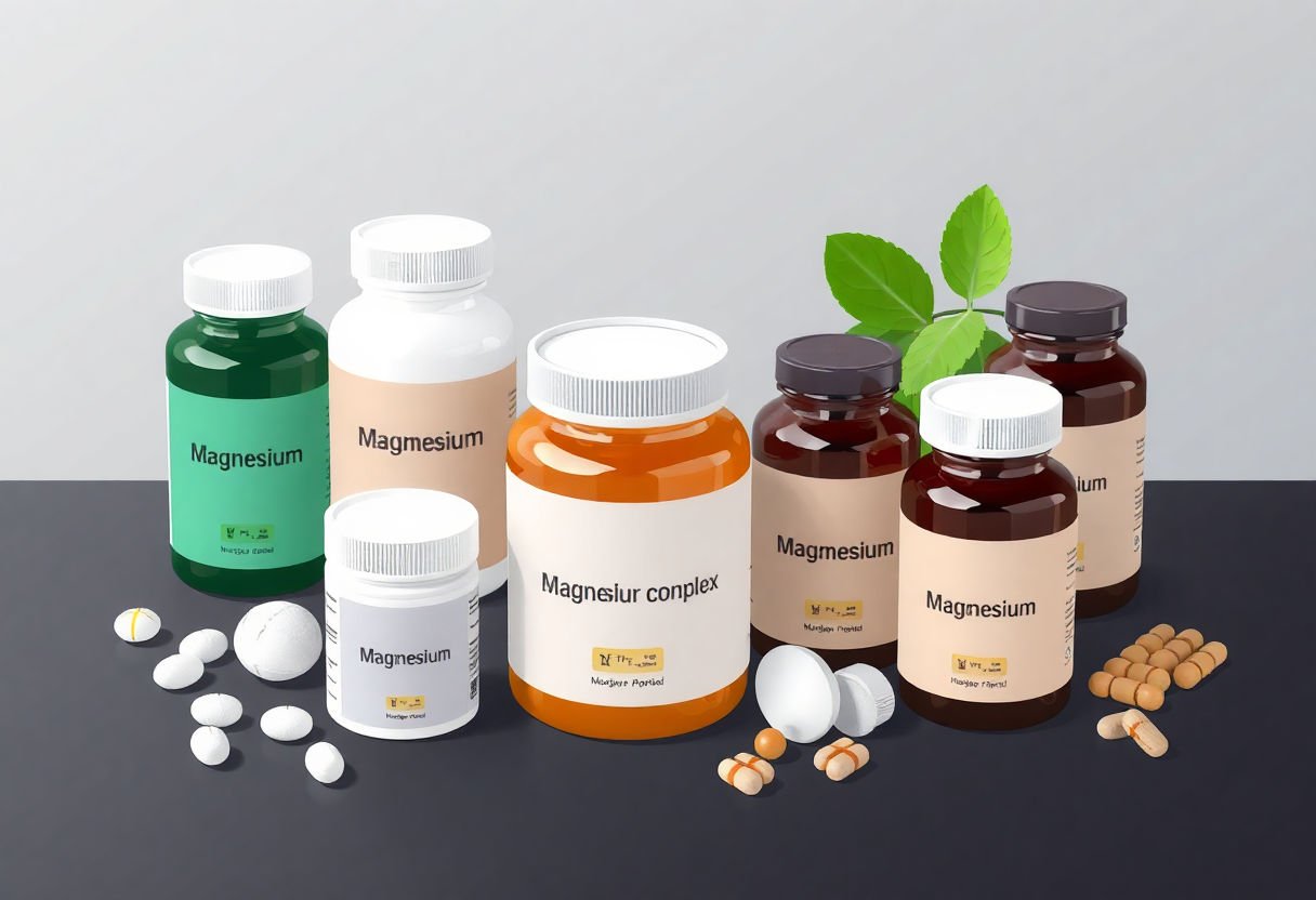 Various magnesium complex supplements on a table