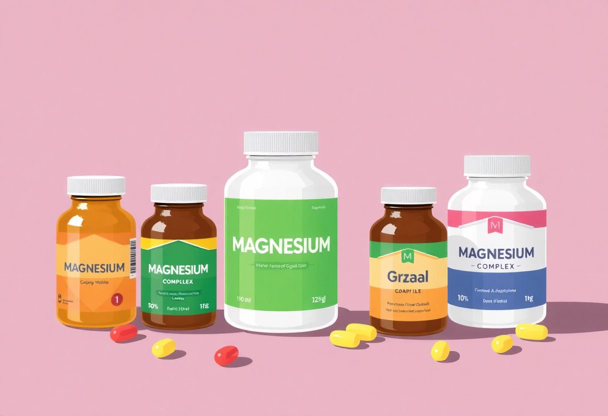 Various magnesium complex supplement bottles