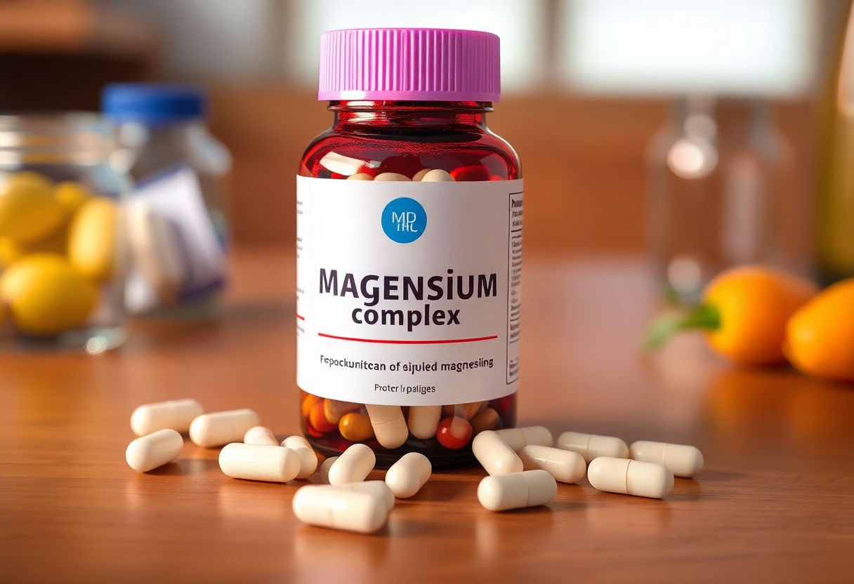 A bottle of magnesium complex pills on a table