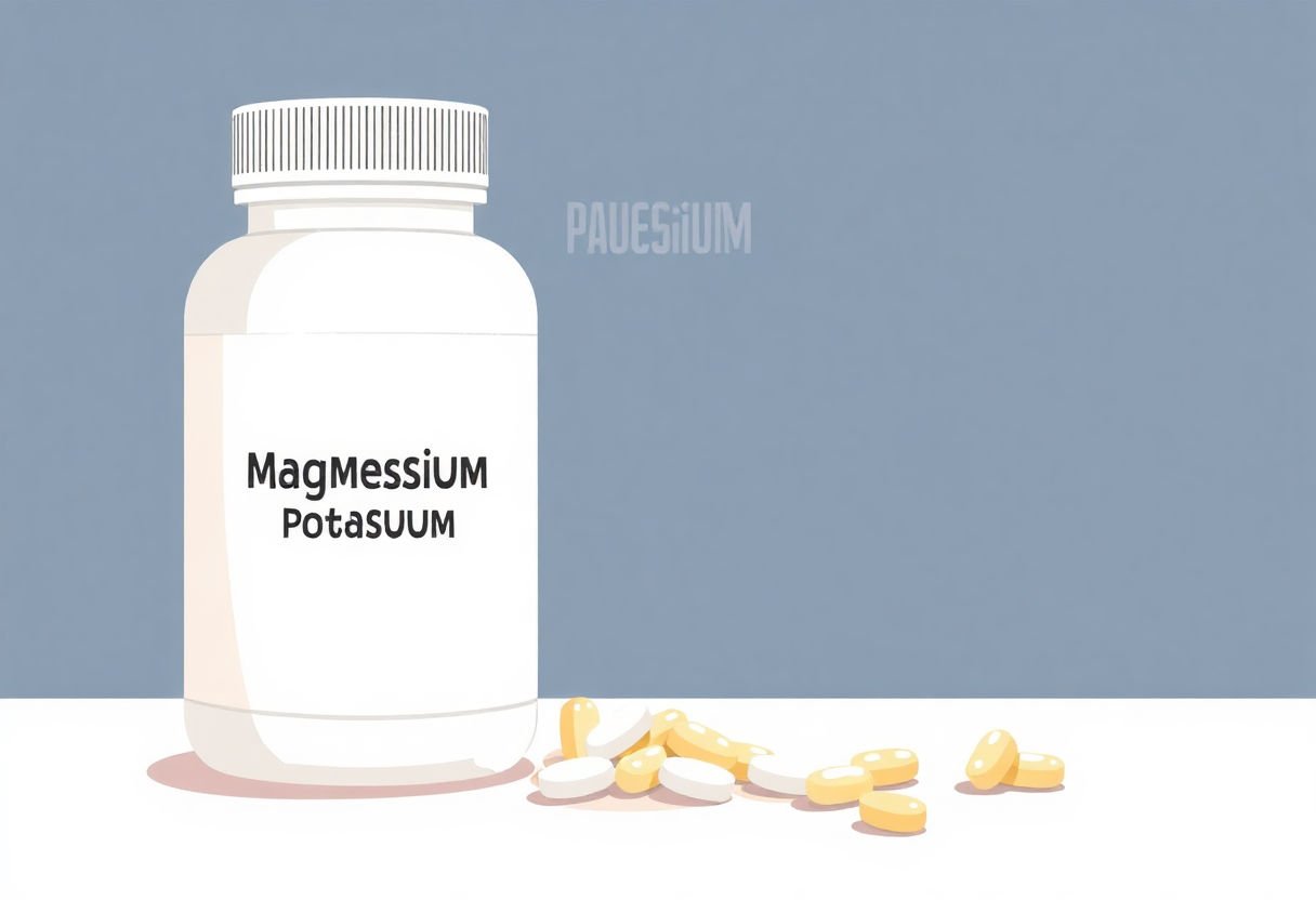 Magnesium and potassium supplements in a white bottle