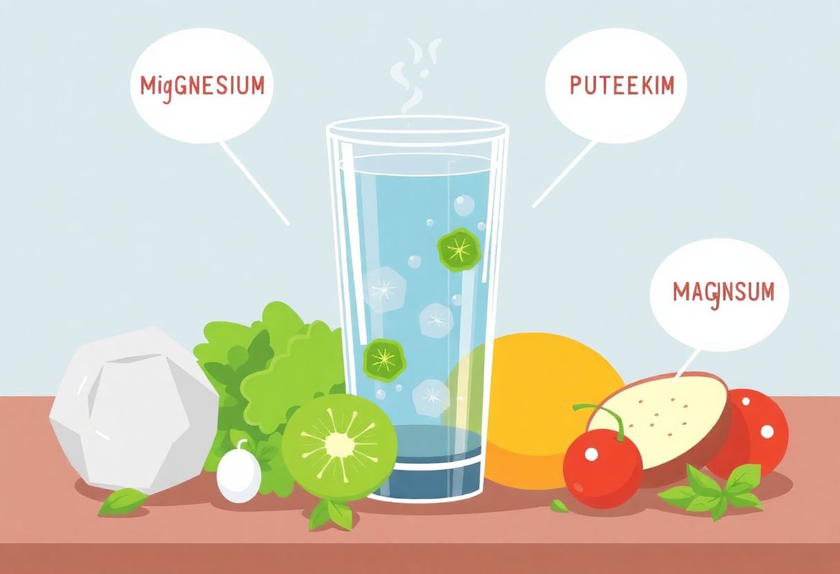 A glass of water with magnesium and potassium-rich foods.