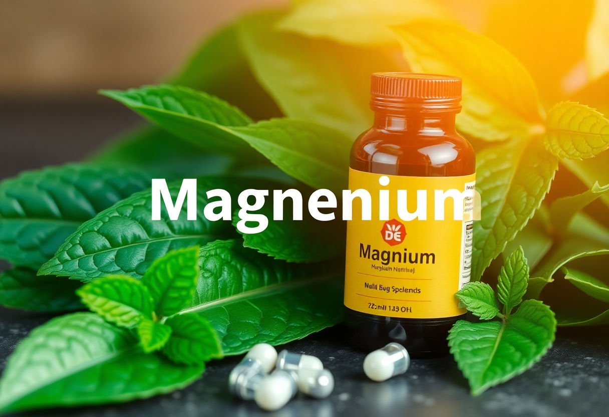 Magnesium supplements with fresh green leaves