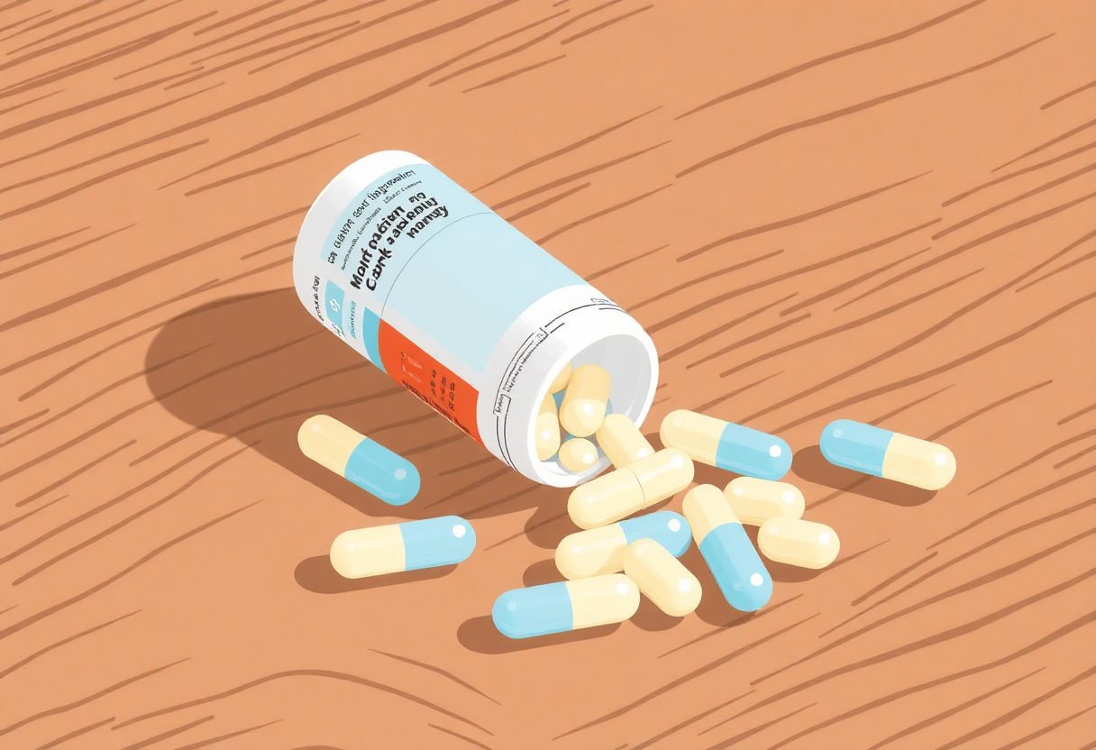 Magnesium supplement capsules on a wooden table
