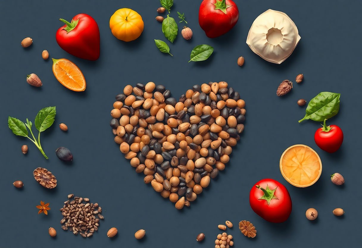 Heart-healthy foods surrounding a heart shape made of seeds
