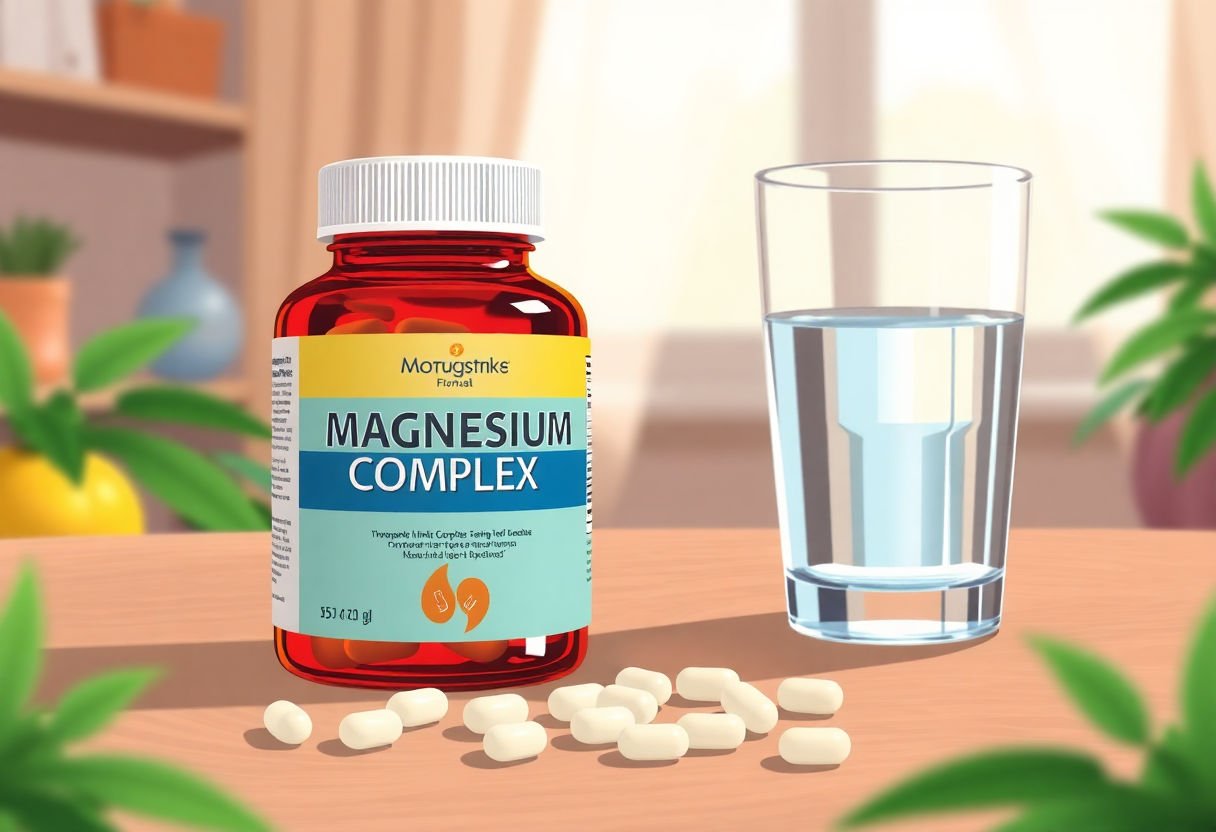 Magnesium complex supplements on a table with a glass of water